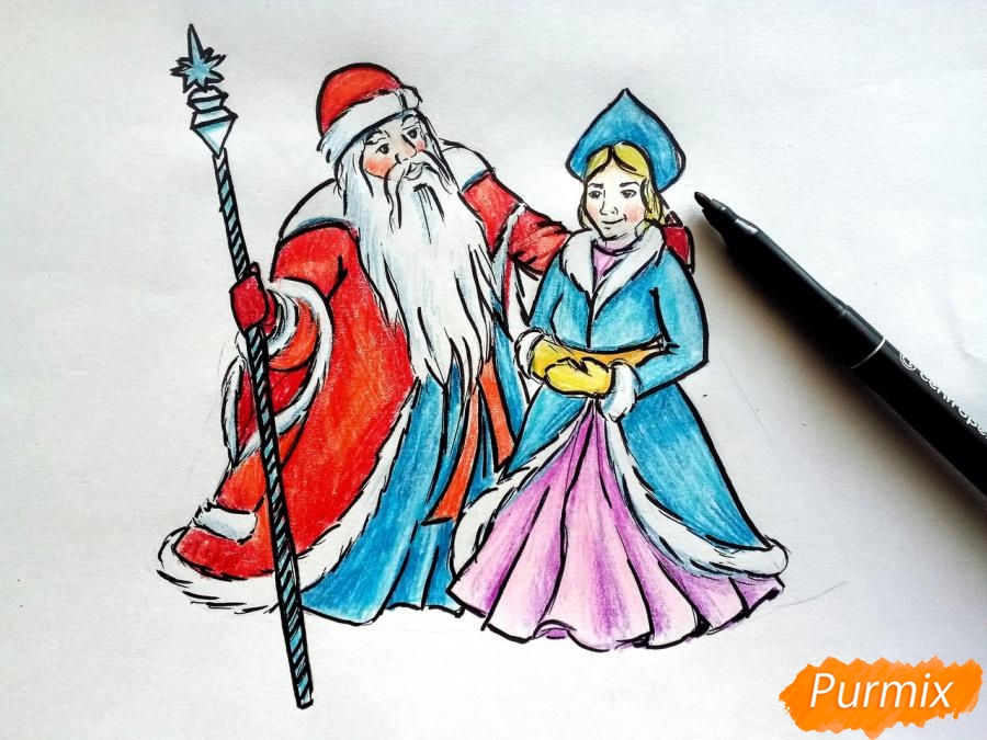 Как нарисовать Деда Мороза и Снегурочку пошагово