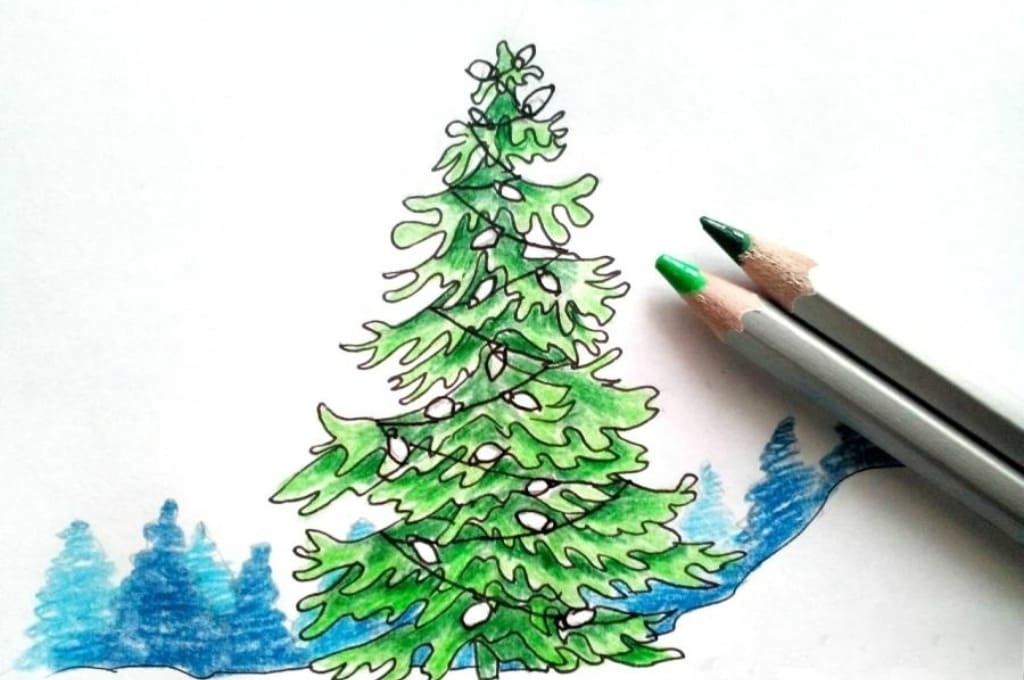 красиво нарисовать елку карандашом	